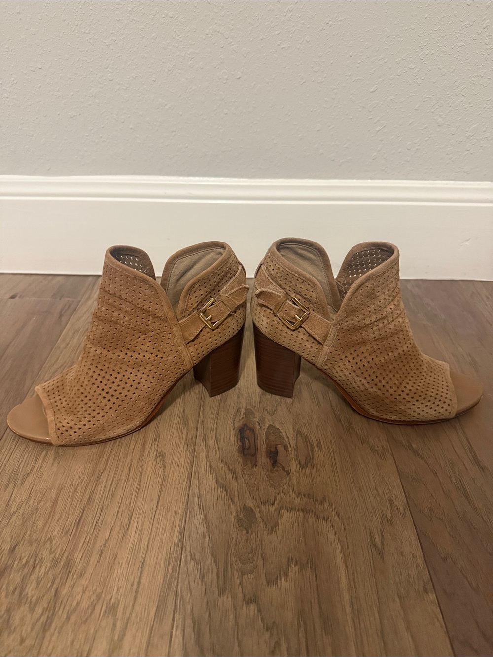 Sam Edelman Tan Suede Perforated Open-Toe Block Heel Ankle Boots